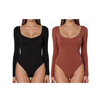 2 Packs Women's Long Sleeve Bodysuit Slim Fit V Neck Tummy Control Brief Shapewear