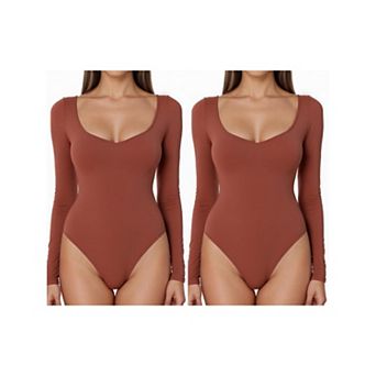 2 Packs Women's Long Sleeve Bodysuit Slim Fit V Neck Tummy Control Brief Shapewear