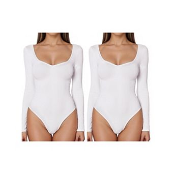 2 Packs Women's Long Sleeve Bodysuit Slim Fit V Neck Tummy Control Brief Shapewear