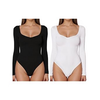 2 Packs Women's Long Sleeve Bodysuit Slim Fit V Neck Tummy Control Brief Shapewear