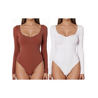 2 Packs Women's Long Sleeve Bodysuit Slim Fit V Neck Tummy Control Brief Shapewear