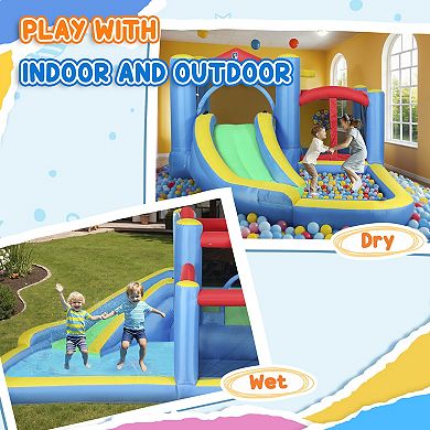 Qaba Inflatable Water Slide Bounce House w/ 550W Blower 12.6ft x 9.5ft x 5.9ft