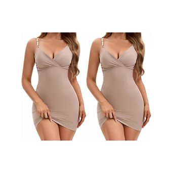 2 Packs Women's Deep V Neck Adjustable Spaghetti Strap Full Slips Tummy Control Under Dress