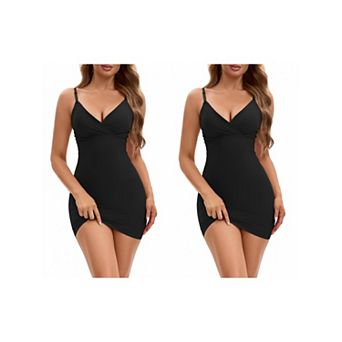2 Packs Women's Deep V Neck Adjustable Spaghetti Strap Full Slips Tummy Control Under Dress