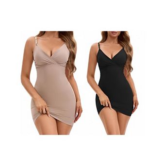 2 Packs Women's Deep V Neck Adjustable Spaghetti Strap Full Slips Tummy Control Under Dress