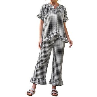 Women's Plaid 2 pc Pajamas Sets Cute Gingham Short Sleeve Babydoll Shirt Pants Pajama Lounge Set