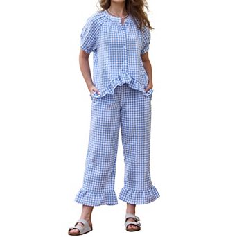 Women's Plaid 2 pc Pajamas Sets Cute Gingham Short Sleeve Babydoll Shirt Pants Pajama Lounge Set