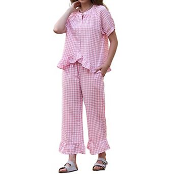 Women's Plaid 2 pc Pajamas Sets Cute Gingham Short Sleeve Babydoll Shirt Pants Pajama Lounge Set