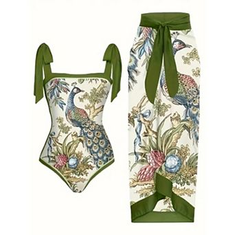 Women Swimsuit Strap Romper Top with Wrap Skirt Floral Print Two Piece Bathing Suit Sets