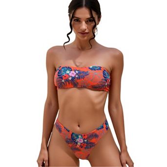 Women's Tropical Print Bandeau Bikini Set Two Piece Swimsuit