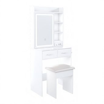 Small Makeup Vanity Desk with Mirror, Adjustable LED Lights, Built-in Outlet, Storage, and Stool