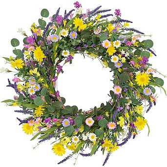 22-Inch Artificial Daisy & Lavender Spring Wreath for Front Door