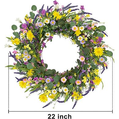 22-Inch Artificial Daisy & Lavender Spring Wreath for Front Door