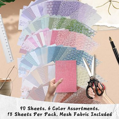 90 Sheets Textured Scrapbook Paper & Mesh Fabric Kit 6 Pack Mixed Media for Crafting, Journaling &