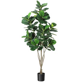Artificial Fiddle Leaf Fig Tree - Realistic Greenery with Natural Wood Trunk, Black Planter Pot