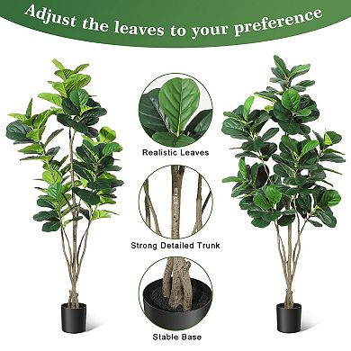 Artificial Fiddle Leaf Fig Tree - Realistic Greenery with Natural Wood Trunk, Black Planter Pot