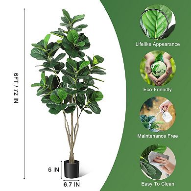 Artificial Fiddle Leaf Fig Tree - Realistic Greenery with Natural Wood Trunk, Black Planter Pot