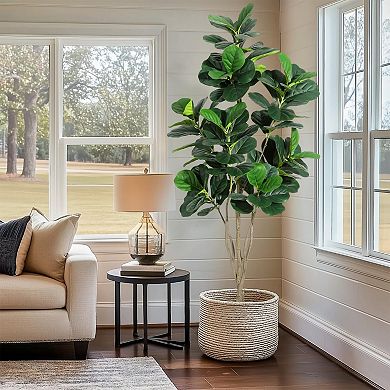 Artificial Fiddle Leaf Fig Tree - Realistic Greenery with Natural Wood Trunk, Black Planter Pot