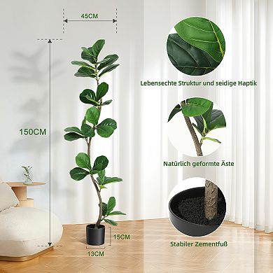 Artificial Fiddle Leaf Fig Tree - Large Faux Decorative Plant in Black Nursery Pot