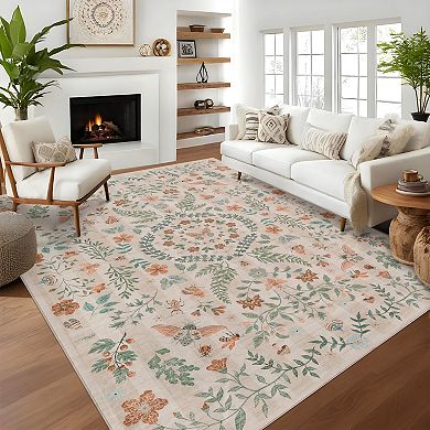 Insect Botanical Washable Rug, Boho Carpet for Living Room, Bedroom & Playroom