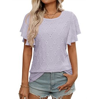 Women's Floral Eyelet Hollow Out Ruffle Short Sleeve Shirt Crew Neck Summer Casual Top Soft Blouse