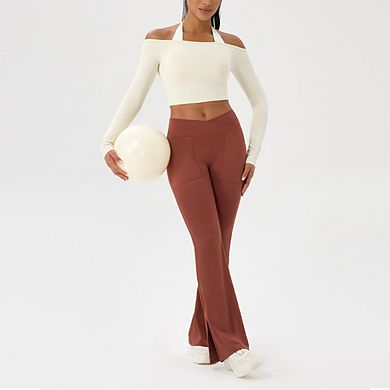 Women's Off-Shoulder Long Sleeve Yoga Crop Top Quick-Dry Activewear T-Shirt