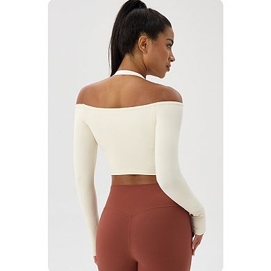 Women's Off-Shoulder Long Sleeve Yoga Crop Top Quick-Dry Activewear T-Shirt