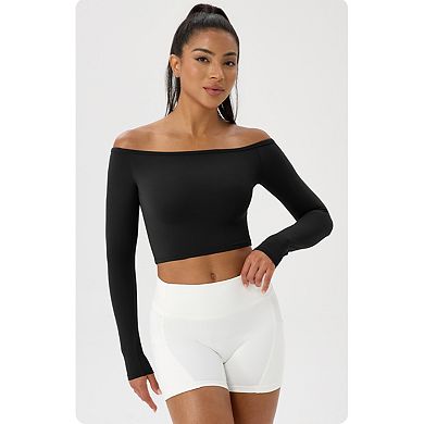 Women's Off-Shoulder Long Sleeve Yoga Crop Top Quick-Dry Activewear T-Shirt