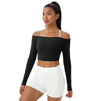 Women's Off-Shoulder Long Sleeve Yoga Crop Top Quick-Dry Activewear T-Shirt