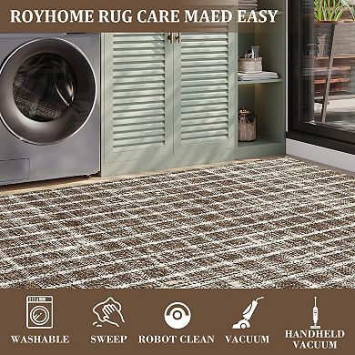 Checkered for Living Room Braided Geometric Print Soft Low-Pile Thin Washable Rugs for Bedroom