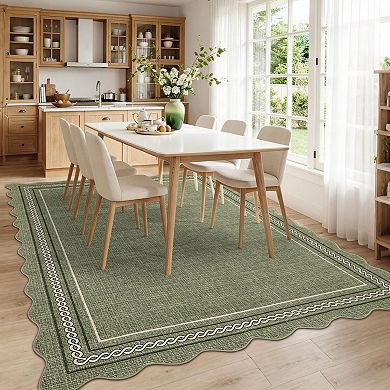 Scalloped Machine Washable Rug with Rubber Backing Soft Faux Wool Low Pile Stain Resistant Carpet