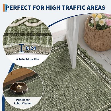 Scalloped Machine Washable Rug with Rubber Backing Soft Faux Wool Low Pile Stain Resistant Carpet