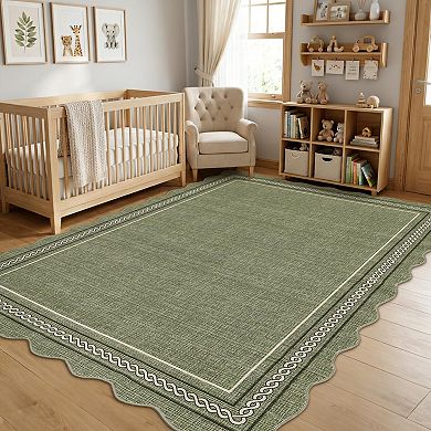 Scalloped Machine Washable Rug with Rubber Backing Soft Faux Wool Low Pile Stain Resistant Carpet