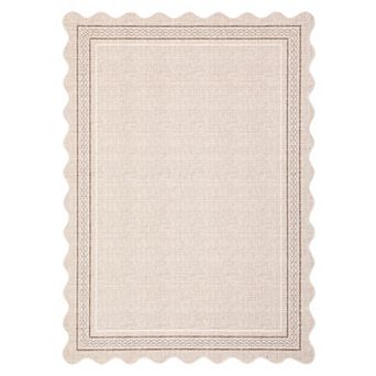 Scalloped Machine Washable Rug with Rubber Backing Soft Faux Wool Low Pile Stain Resistant Carpet