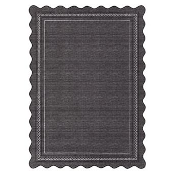 Scalloped Machine Washable Rug with Rubber Backing Soft Faux Wool Low Pile Stain Resistant Carpet