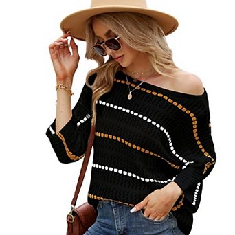 Womens Sweaters 3/4 Sleeve Crochet Tops Off Shoulder Hollow Out Top Casual Loose Fit Beach Cover Up