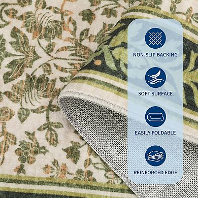 Floral Machine Washable Area Rug with Rubber Backing Soft Low Pile Non Slip Indoor Carpet