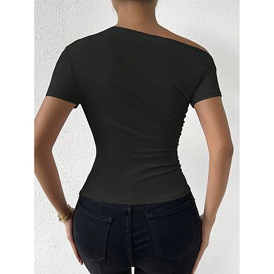 Womens Off Shoulder Tops Asymmetrical Ruched Shirts Slim Fit T-Shirt