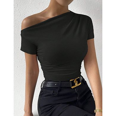 Womens Off Shoulder Tops Asymmetrical Ruched Shirts Slim Fit T-Shirt