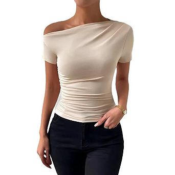 Womens Off Shoulder Tops Asymmetrical Ruched Shirts Slim Fit T-Shirt