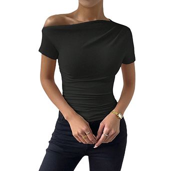 Womens Off Shoulder Tops Asymmetrical Ruched Shirts Slim Fit T-Shirt