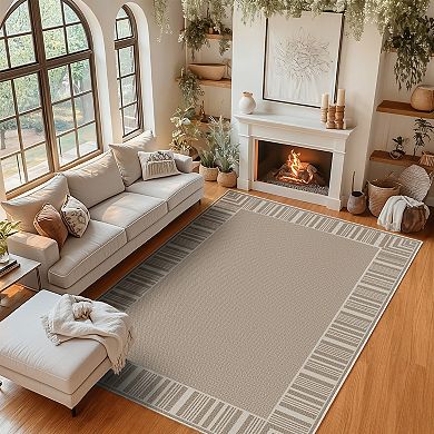 Washable Rug Striped Border Rugs for Bedroom Dining Room Rug Stain Resistant Throw Carpet