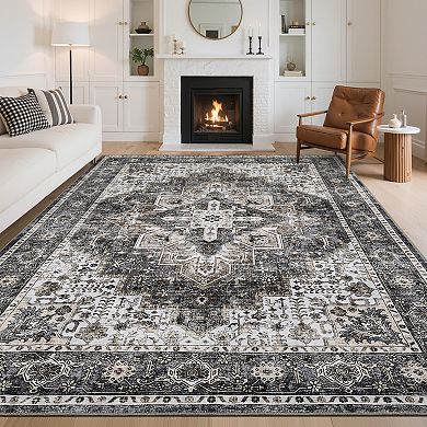 Living Room Boho Vintage Washable Area Rus for Bedroom Soft Non-Slip Low Pile Distressed Carpet