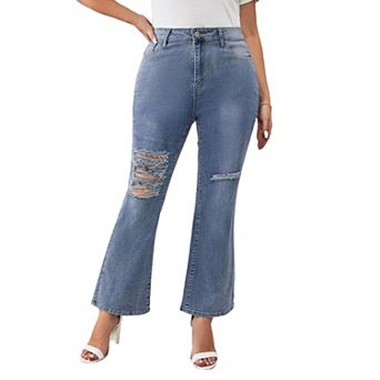 Women's Plus Size Ripped Bell Bottom Jeans Mid Rise Stretchy Cut Out Denim Flare Jeans