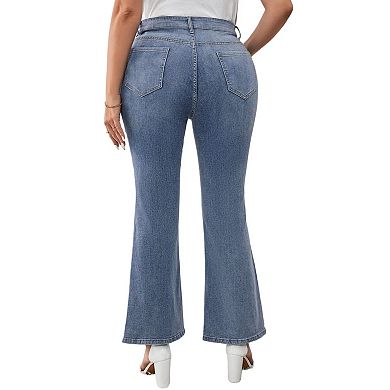 Women's Plus Size Ripped Bell Bottom Jeans Mid Rise Stretchy Cut Out Denim Flare Jeans