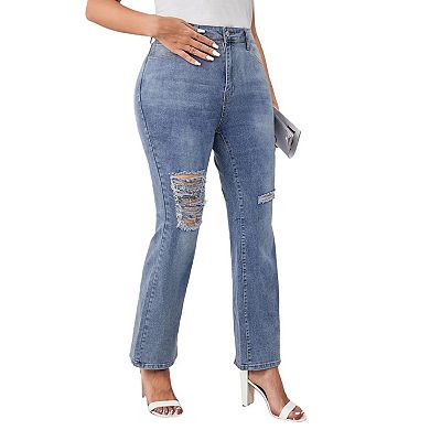 Women's Plus Size Ripped Bell Bottom Jeans Mid Rise Stretchy Cut Out Denim Flare Jeans