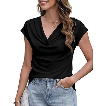 Women's Twist Hem Blouse Cowl Neck Short Sleeve Relaxed Fit Summer Top