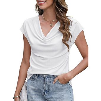 Women's Twist Hem Blouse Cowl Neck Short Sleeve Relaxed Fit Summer Top
