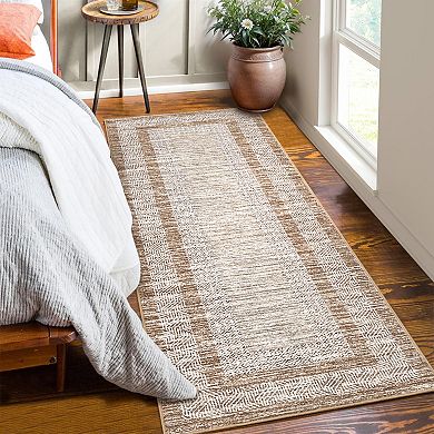 Modern Washable Area Rug, Neutral Bordered Design, Non-Slip Low Pile Carpet for Bedroom Living Room