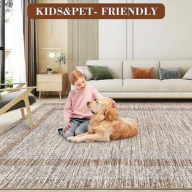 Modern Washable Area Rug, Neutral Bordered Design, Non-Slip Low Pile Carpet for Bedroom Living Room